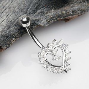 14 Karat White Gold Hollow Heart Floret Sparkle Belly Button Ring